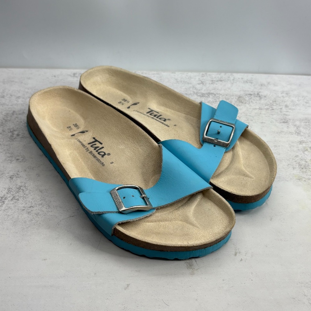 Tula by Birkenstock Madrid Slide Sandals 8.5 Turquoise Leather Coastal Resort
